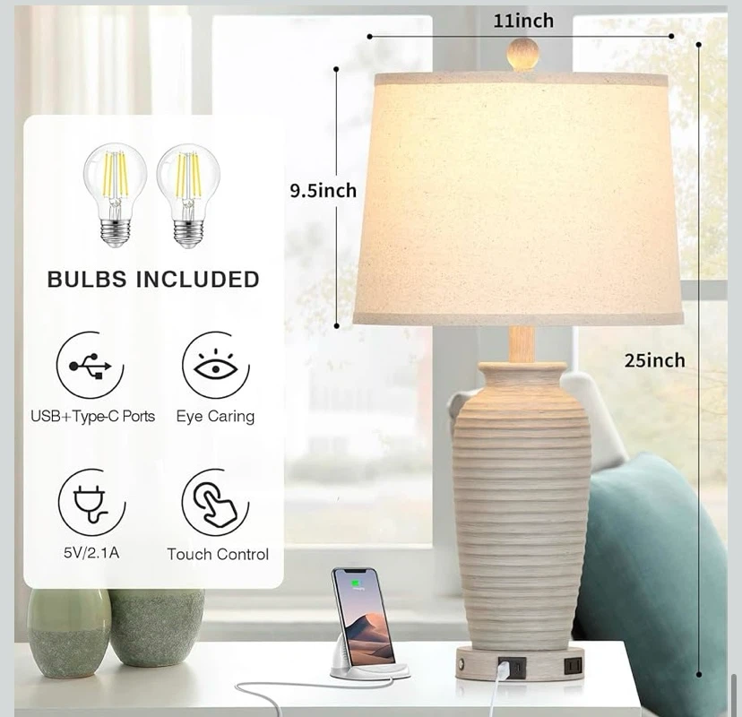 New 25" Farmhouse Table Lamps with Charge Ports Set of 2 - photo 5