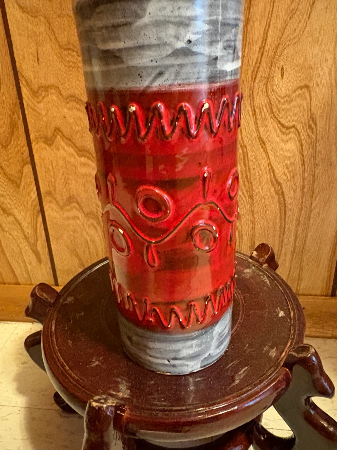 Red Ceramic Vase with Textured Design