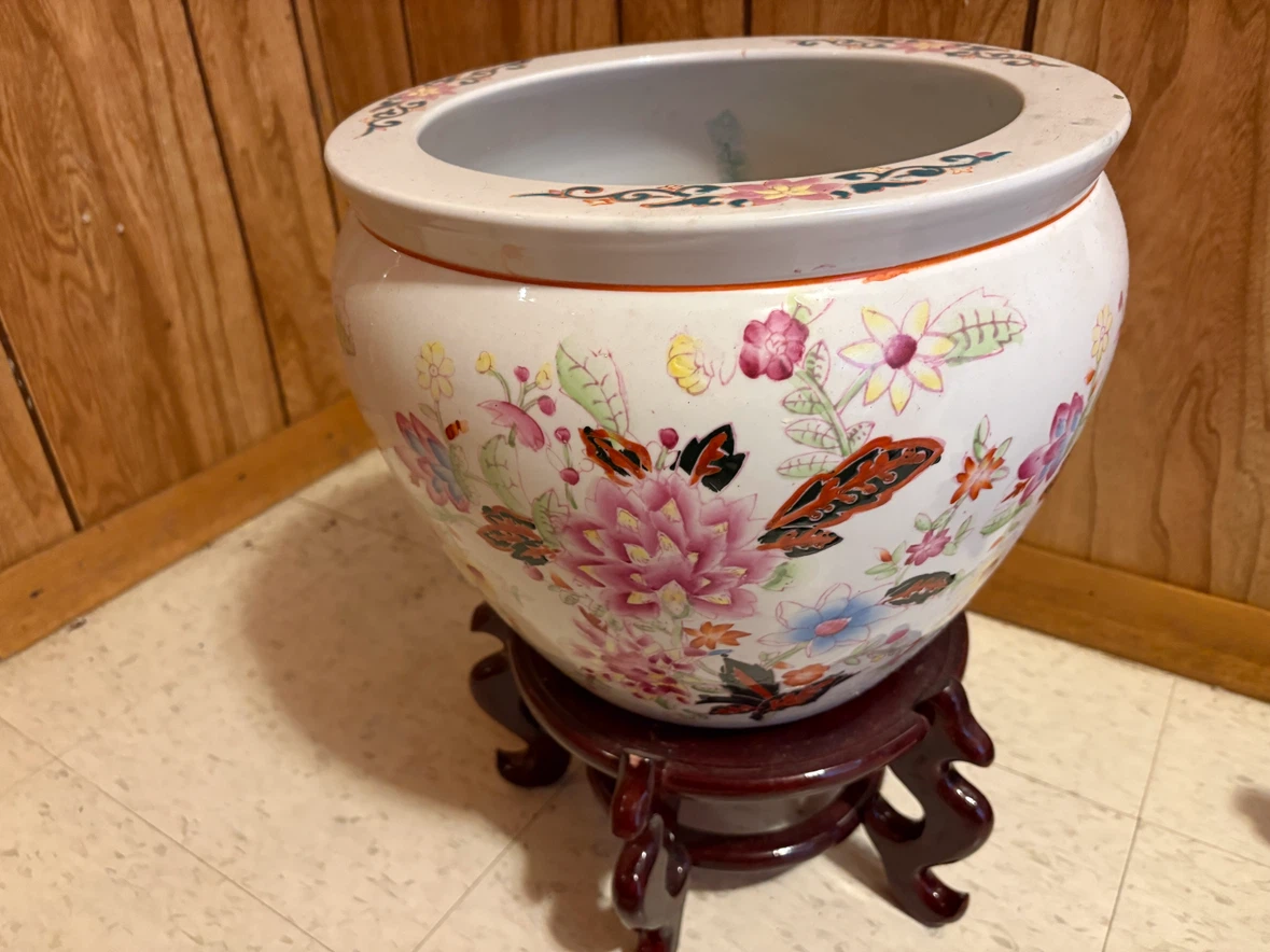 Decorative Ceramic Planter Pot with Wooden Stand