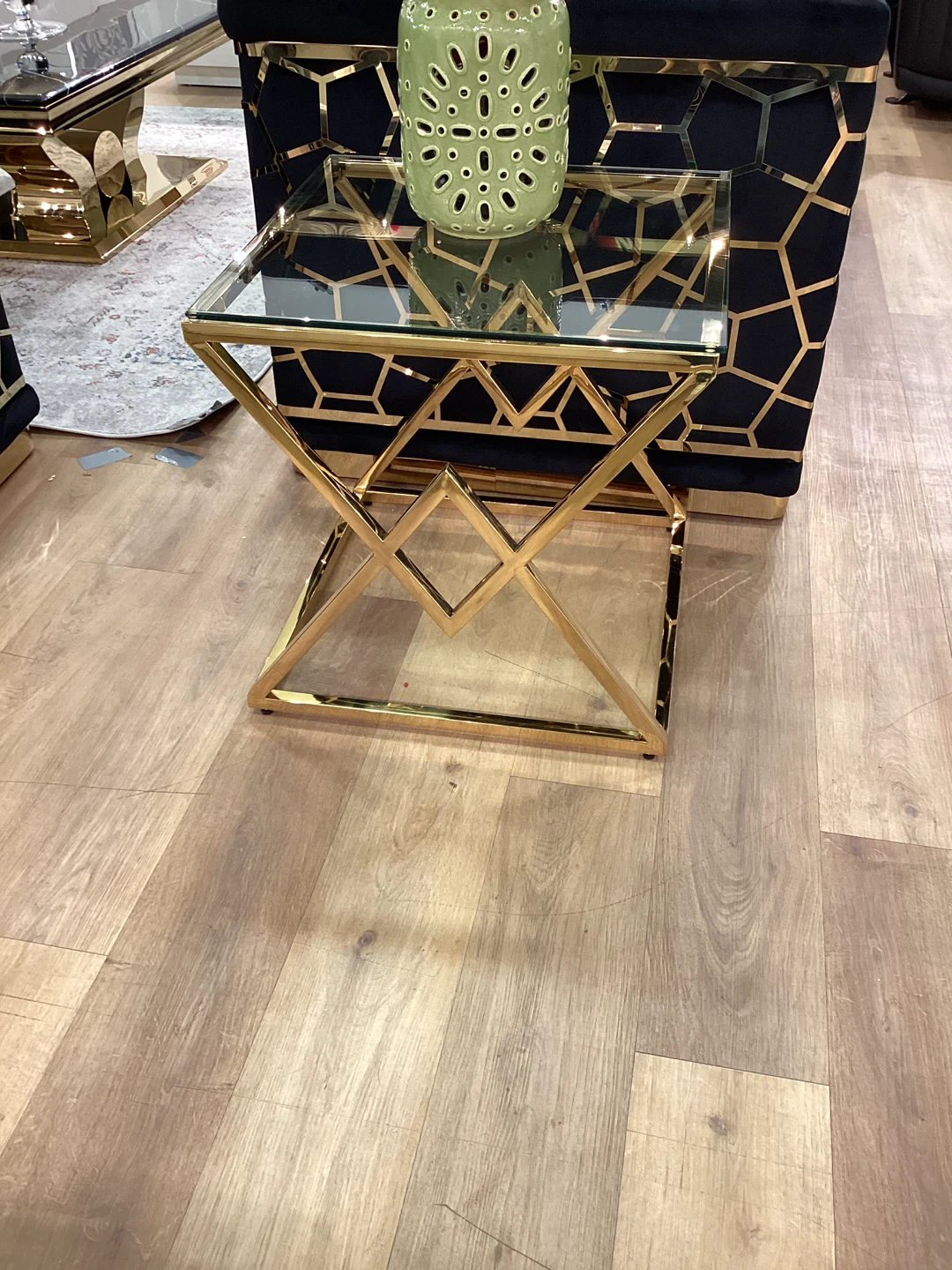 Gold Geometric Side Table with Glass Top