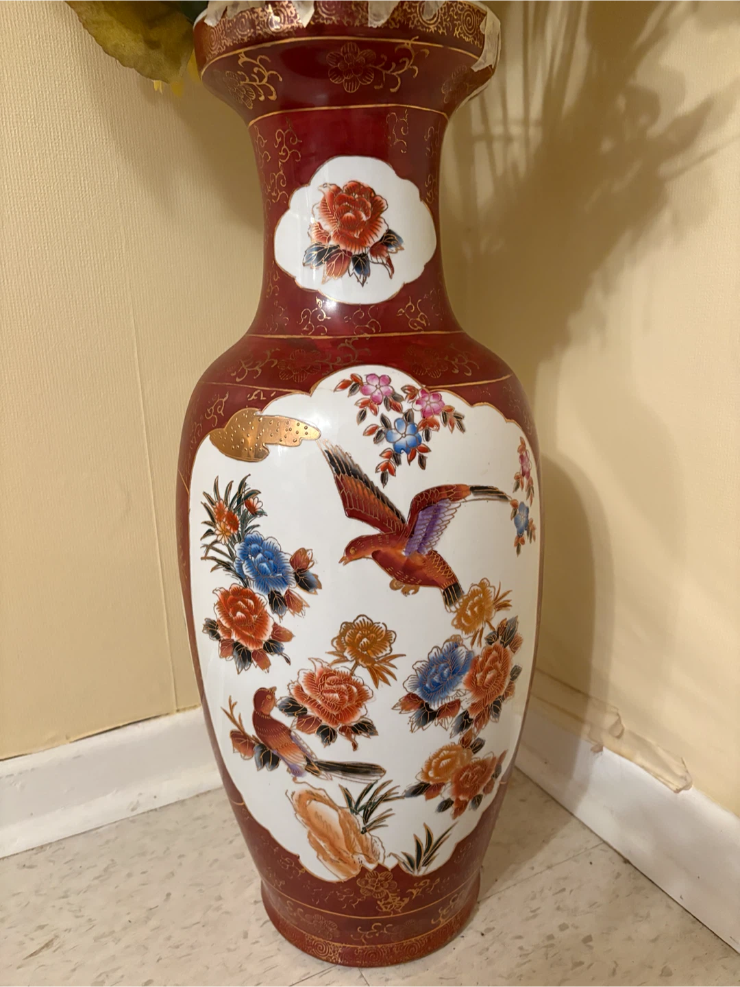 Large Decorative Vase with Floral and Bird Motif