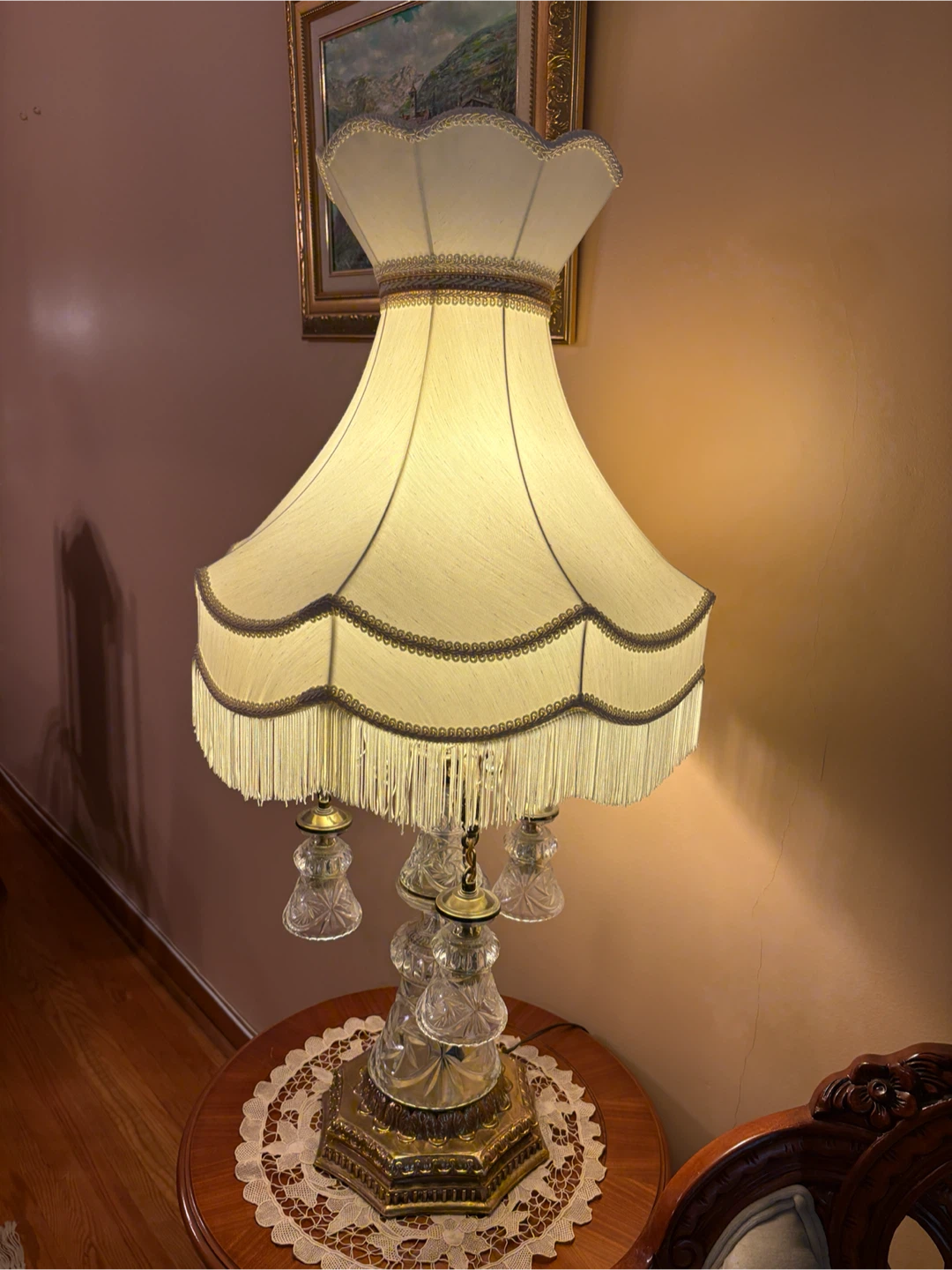 2 Vintage Crystal and Brass Table Lamp with Fringed Shade