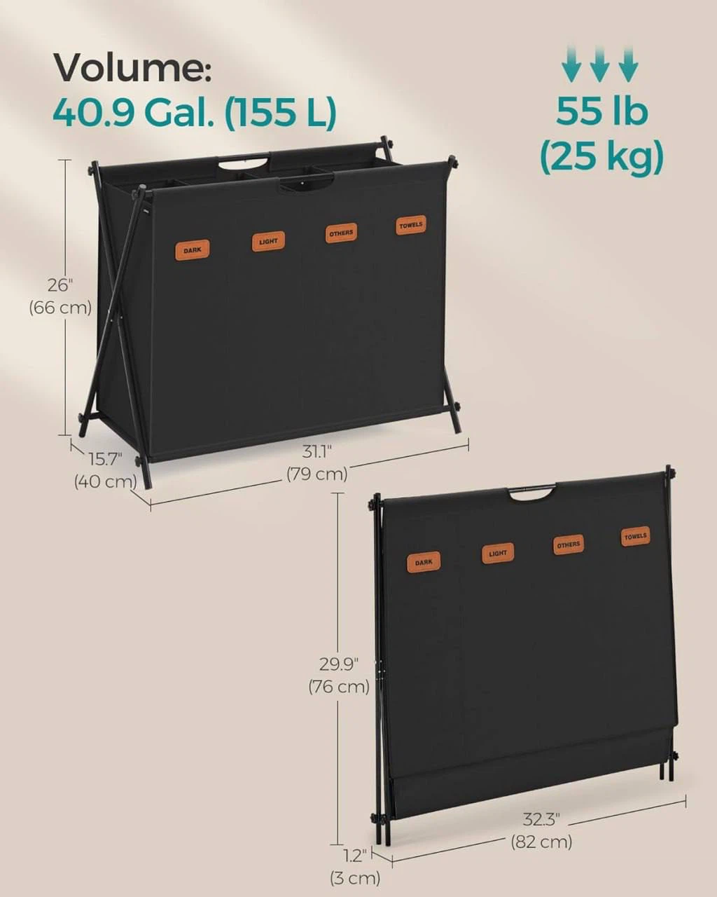 SONGMICS 40.9 Gal Laundry Hamper with 4 Sections - photo 4