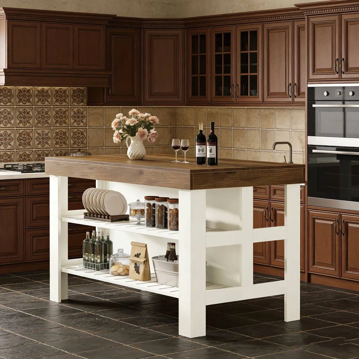 Kitchen Island with Storage Shelves – White