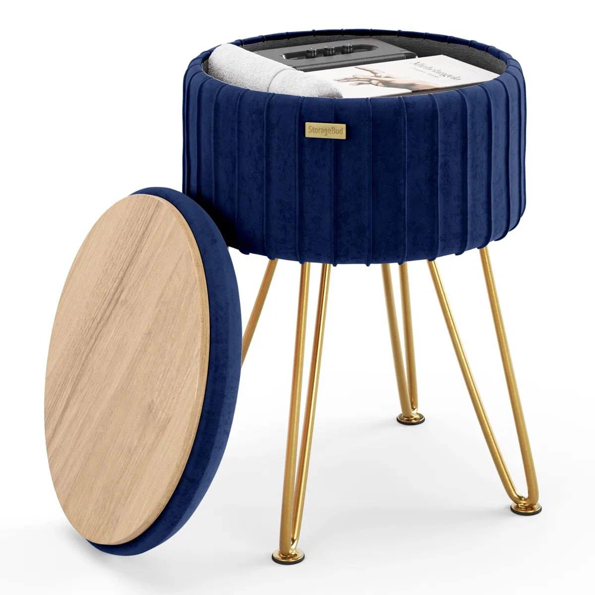 Round Pleated Velvet Ottoman with Storage – Blue & Gold