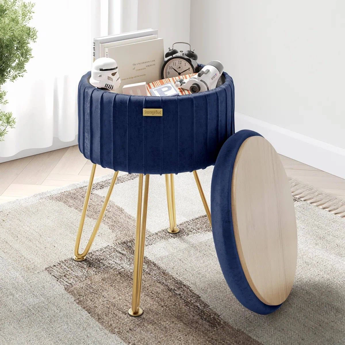 Round Pleated Velvet Ottoman with Storage – Blue & Gold - photo 2