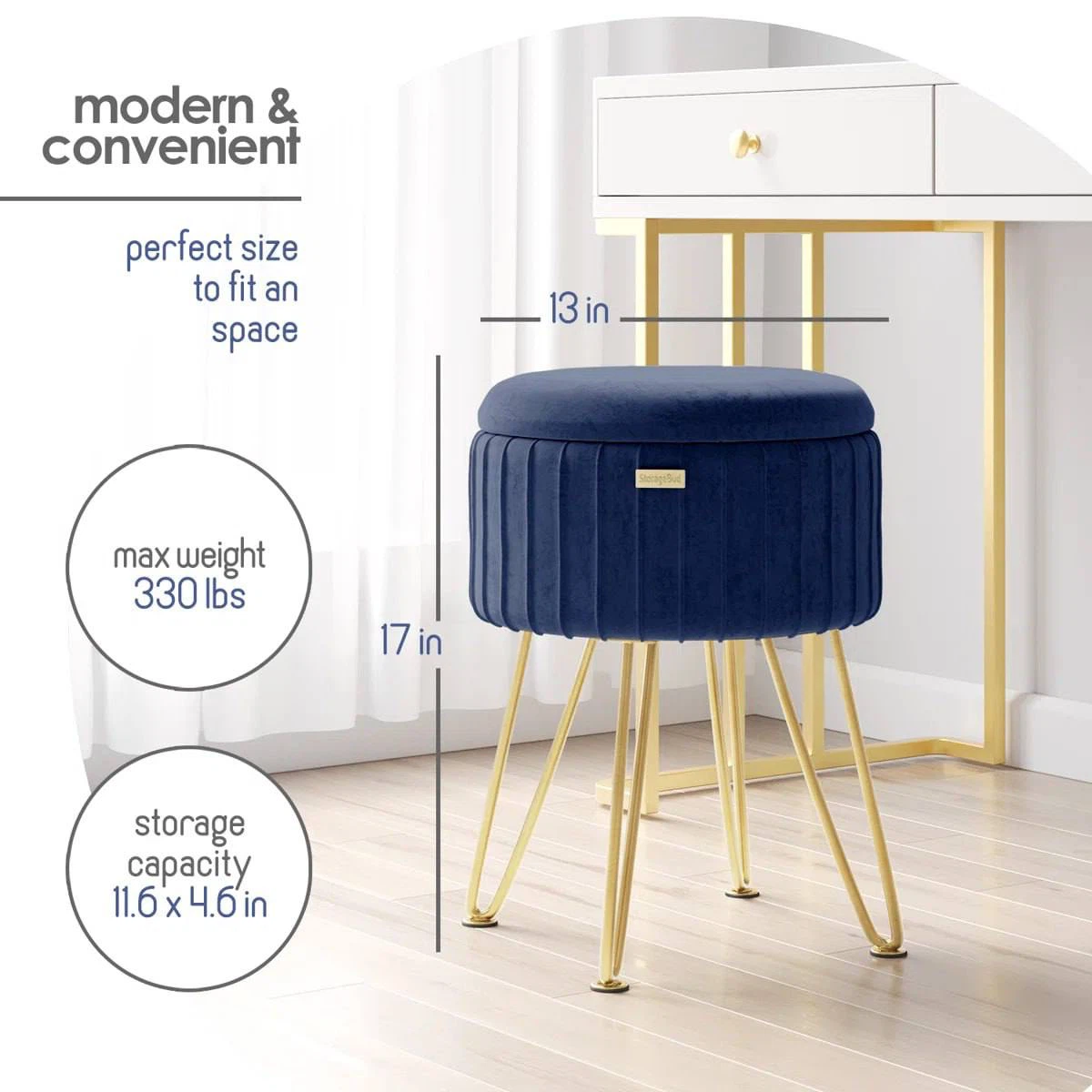 Round Pleated Velvet Ottoman with Storage – Blue & Gold - photo 3