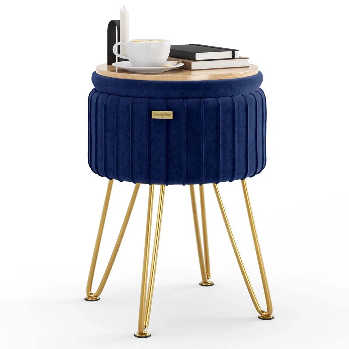 Round Pleated Velvet Ottoman with Storage – Blue & Gold - photo 4