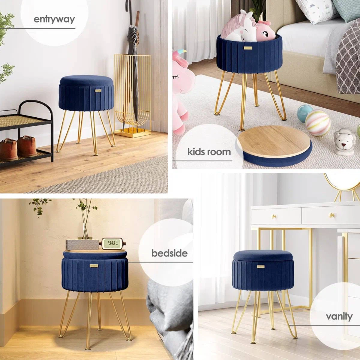 Round Pleated Velvet Ottoman with Storage – Blue & Gold - photo 5