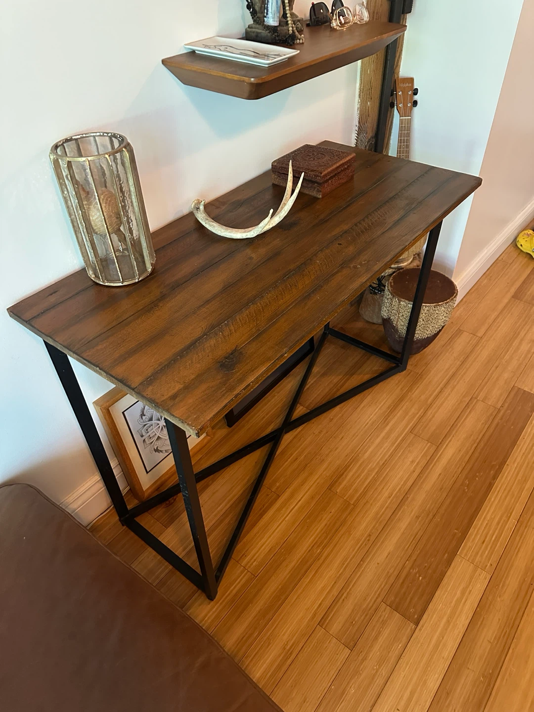 VINTAGE DARK PINE RECLAIMED WOOD CONSOLE TABLE OFFICE DESK - photo 2