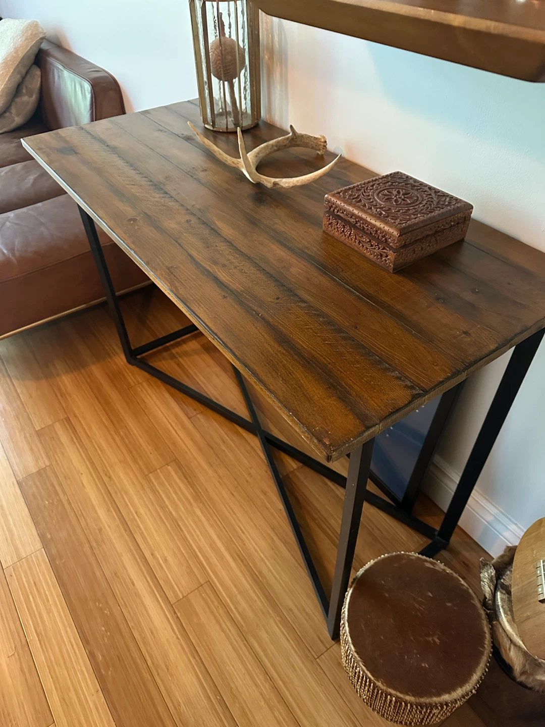 VINTAGE DARK PINE RECLAIMED WOOD CONSOLE TABLE OFFICE DESK - photo 4