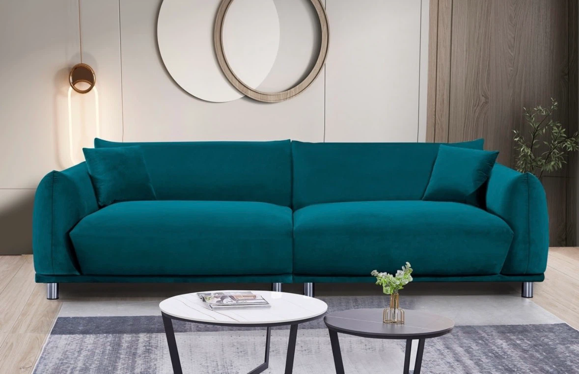 Teal Velvet Sofa with Throw Pillows