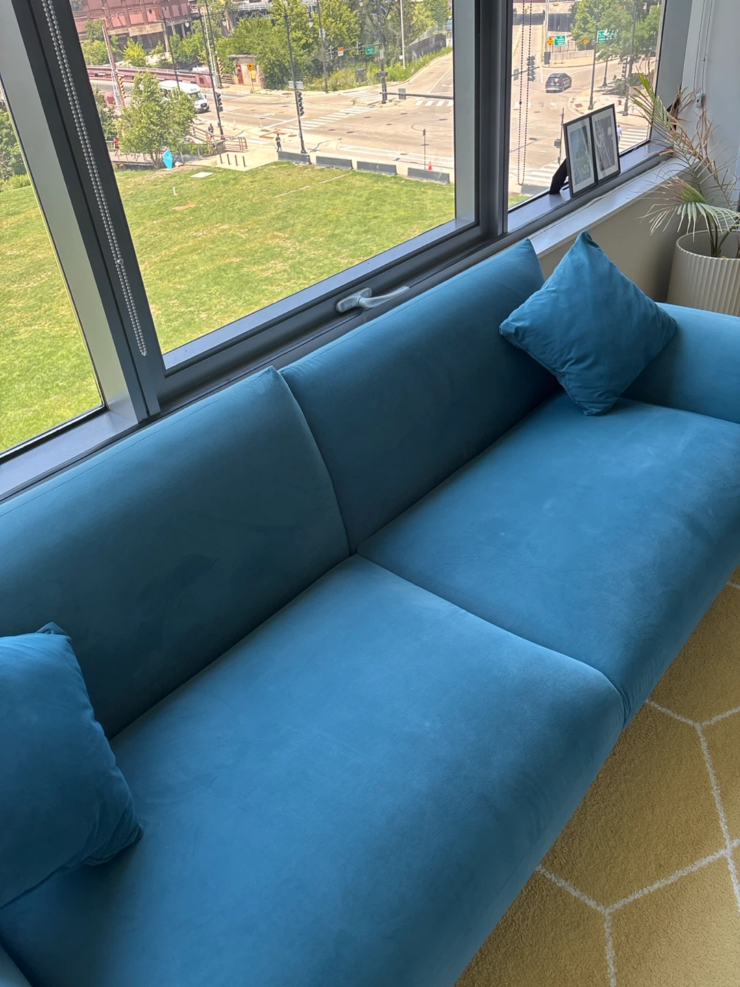 Teal Velvet Sofa with Throw Pillows - photo 2