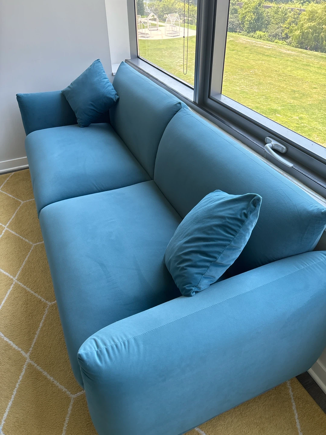 Teal Velvet Sofa with Throw Pillows - photo 3
