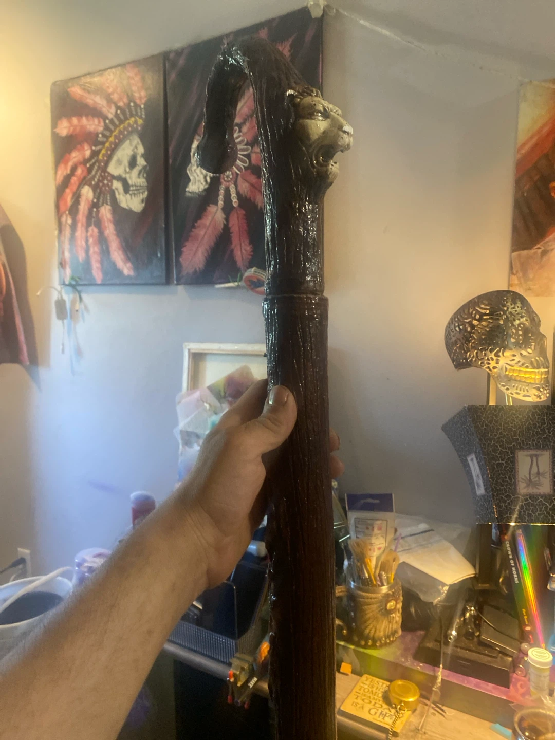 vintage hand carved lions head walking stick