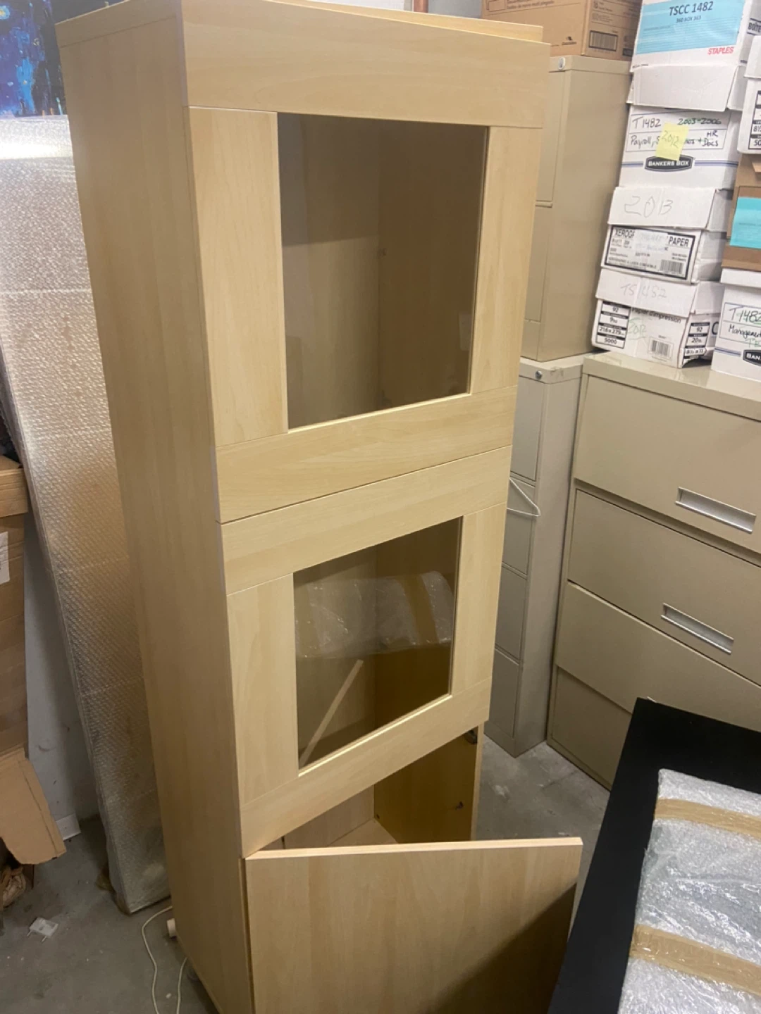 Light Wood Display Cabinet with Glass Doors