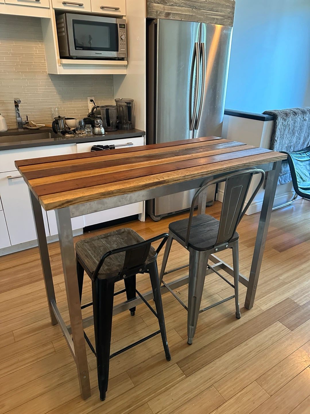 VINTAGE TEAK WHITE OAK SS STEEL KITCHEN ISLAND BAR HEIGHT TABLE - photo 3