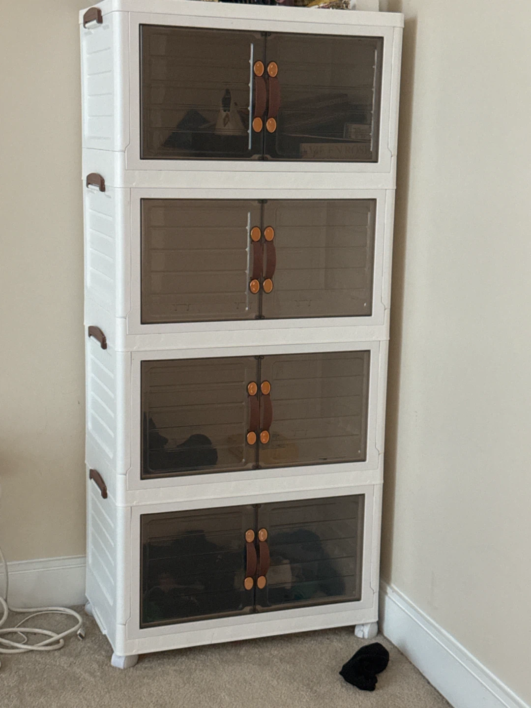 White 4-Tier Storage Cabinet with Brown Handles
