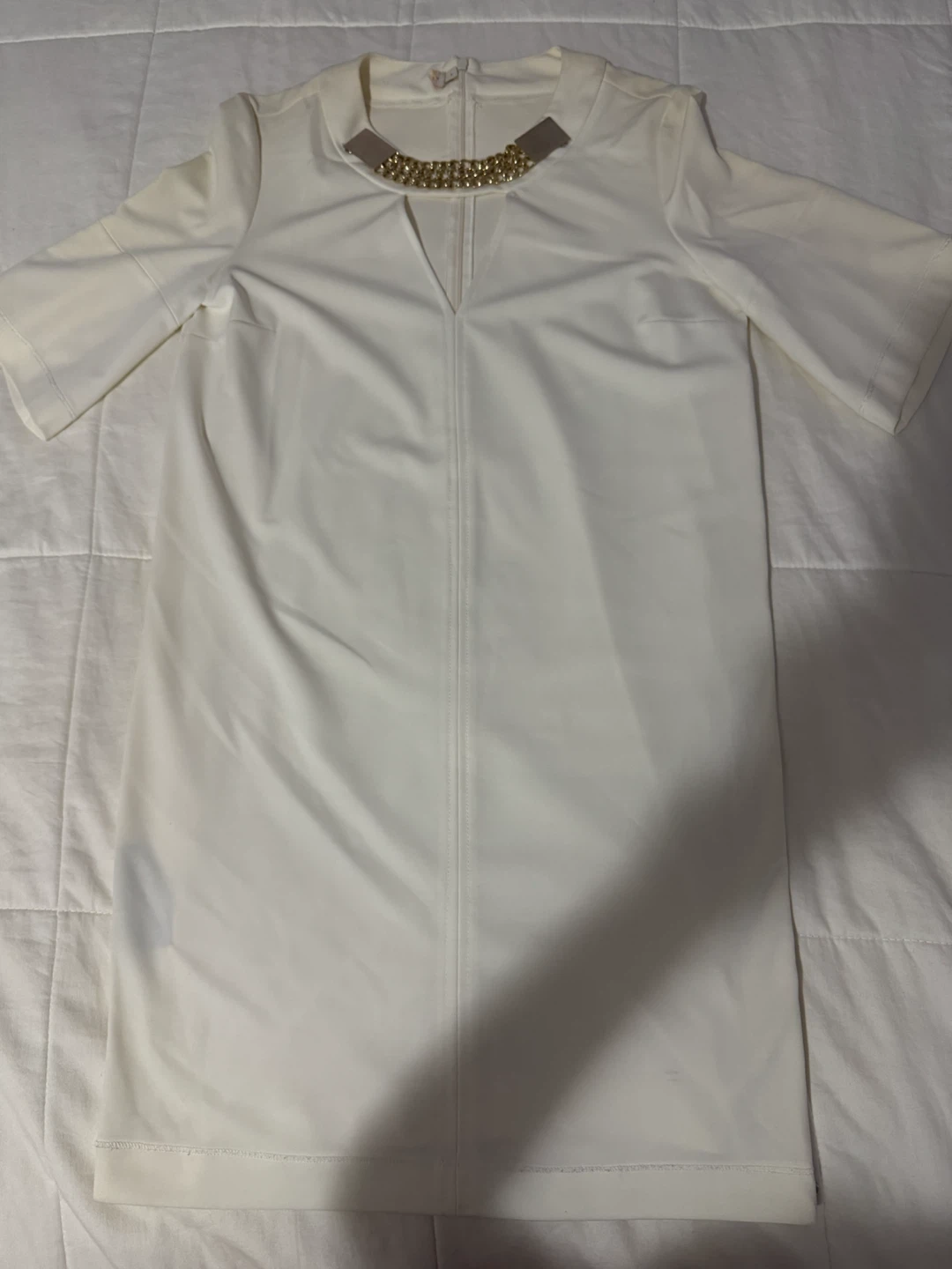 Cream V-Neck Dress with Gold Chain Detail