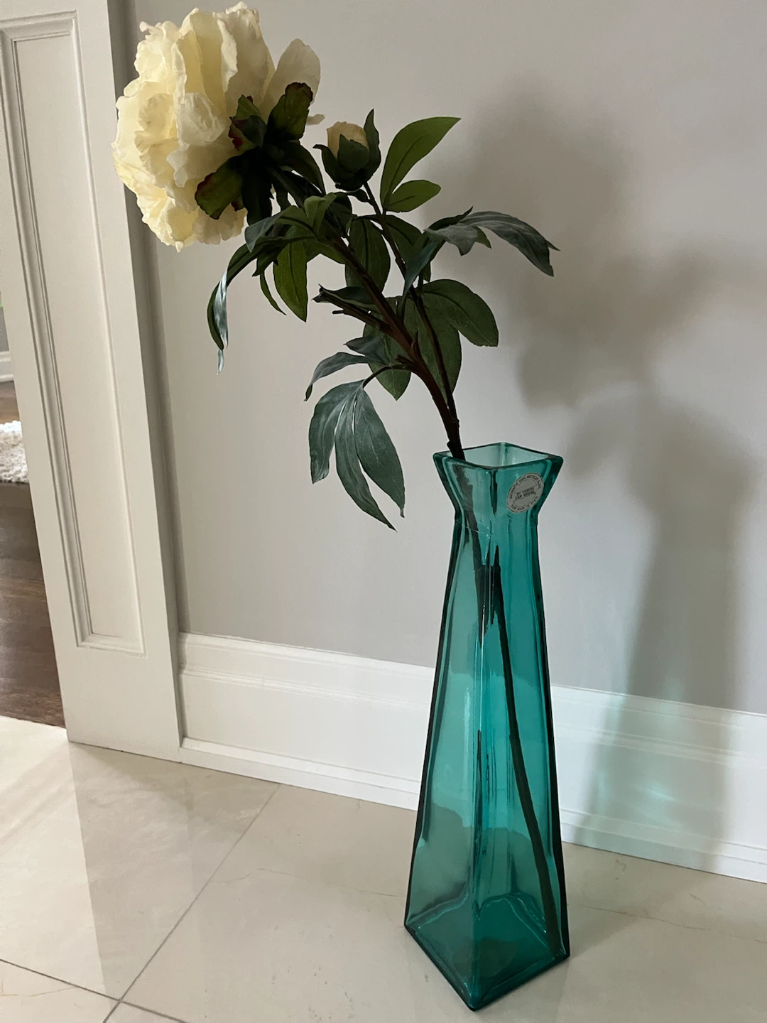Teal Glass Vase with Geometric Design - photo 3