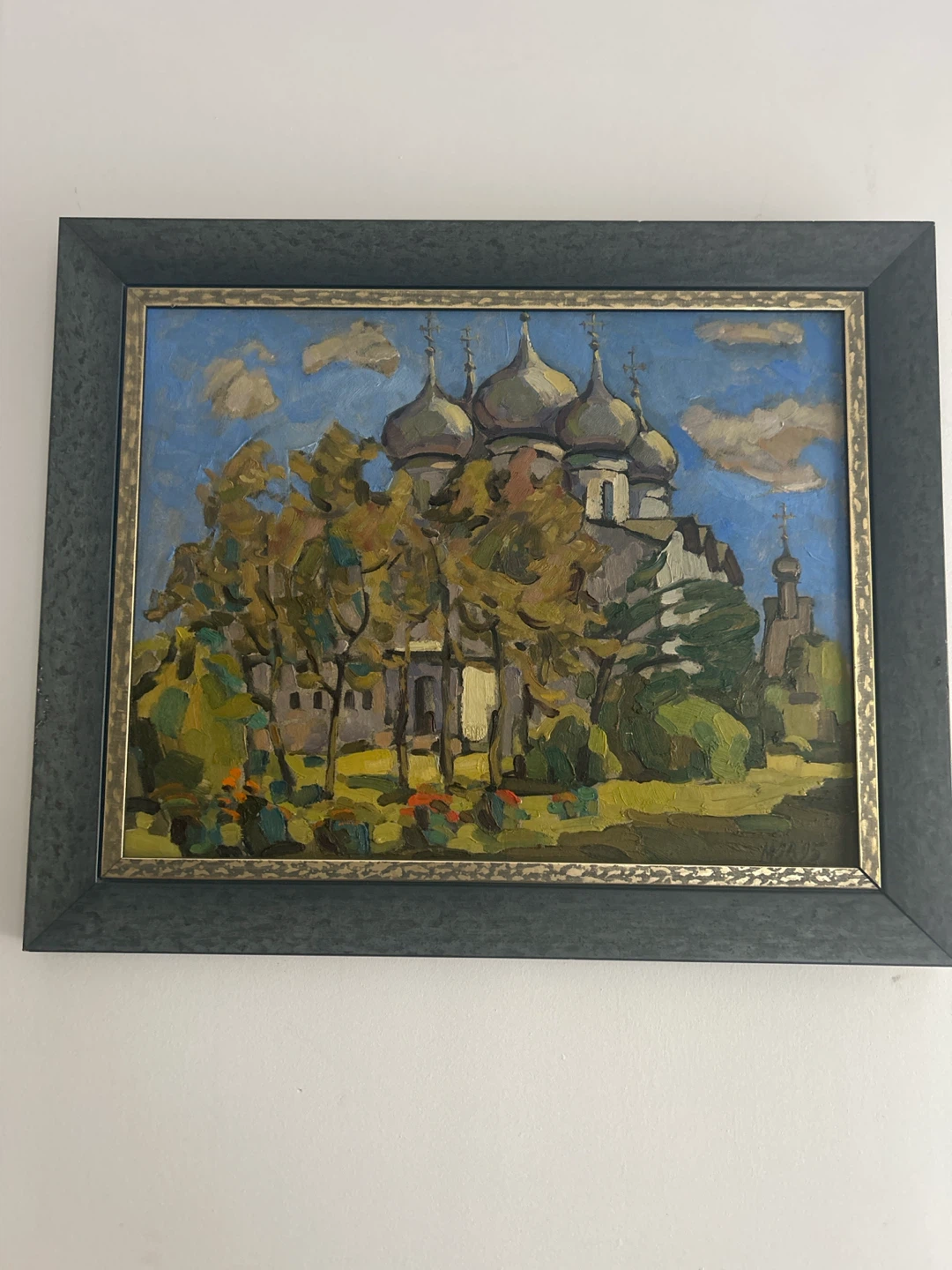 Framed Oil Painting of a Russian Church with Trees