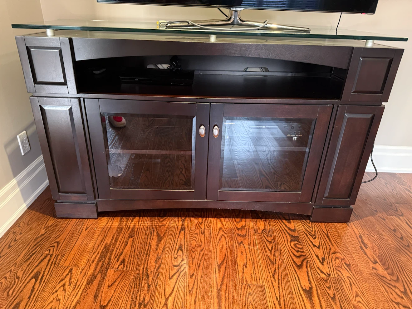 Dark Wood TV Stand with Glass Top