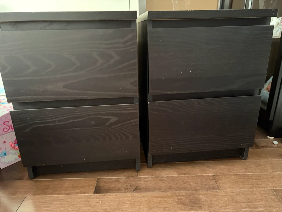 Two Dark Wood 2-Drawer Nightstands