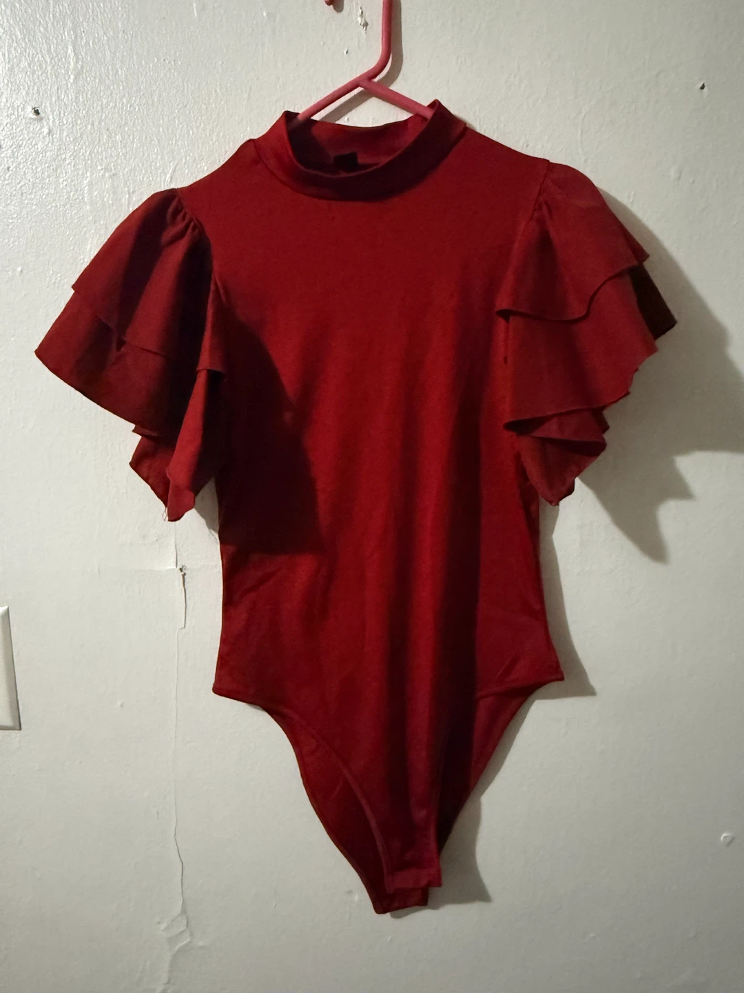 SHEIN Red Ruffle Sleeve Mock Neck Bodysuit