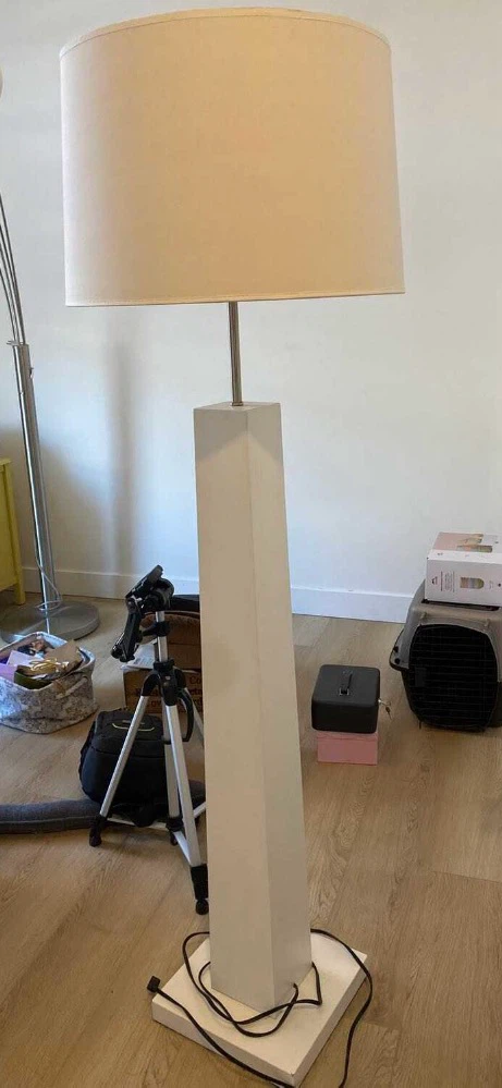 Modern White Column Floor Lamp with Beige Drum Shade