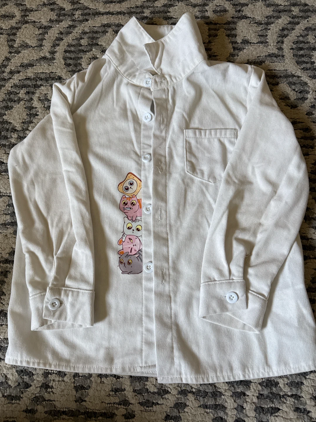 White Corduroy Shirt with Stacked Cat Graphic 5 year old