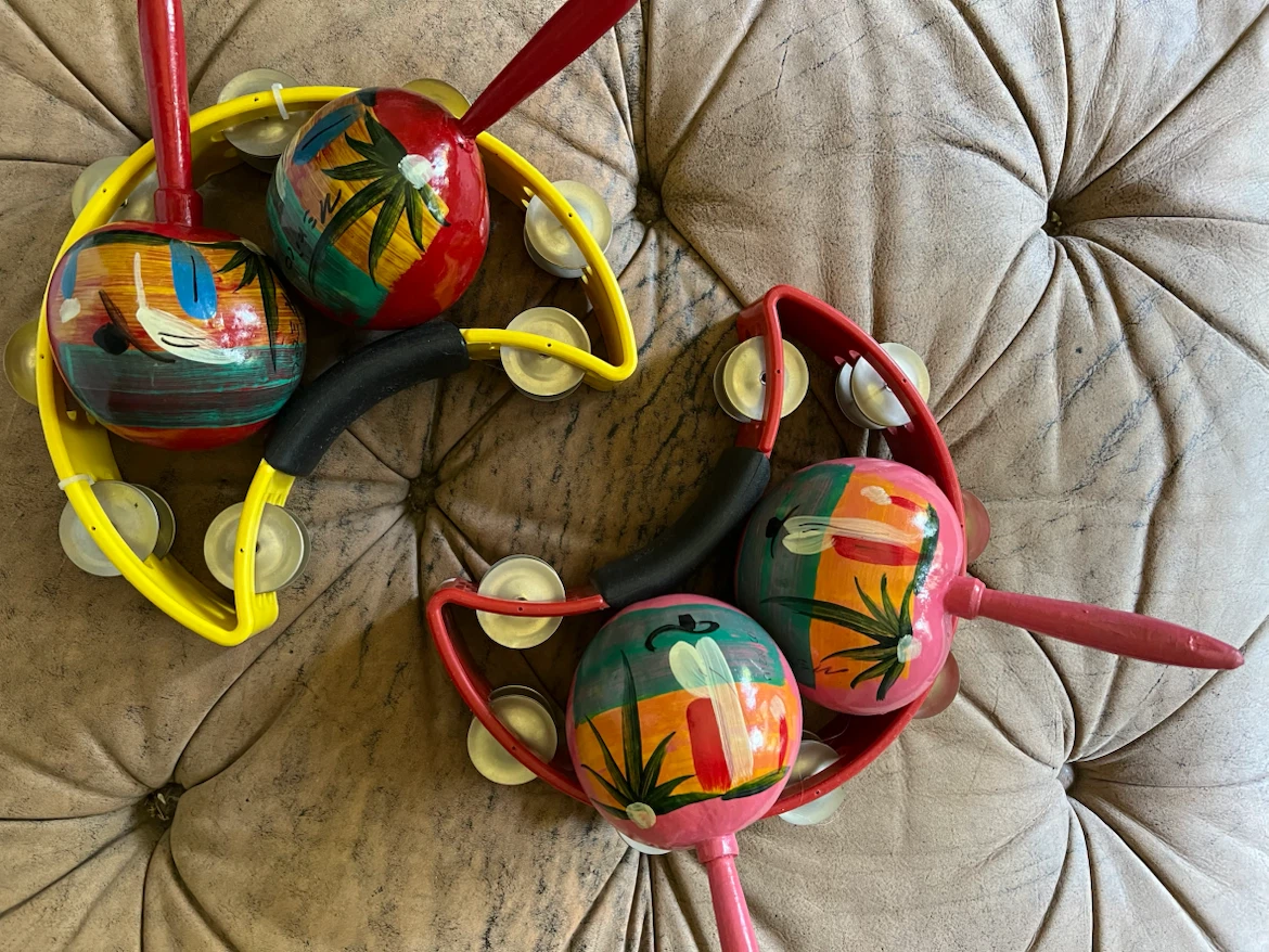 Set of 2 Hand-Painted Maracas with Tambourine