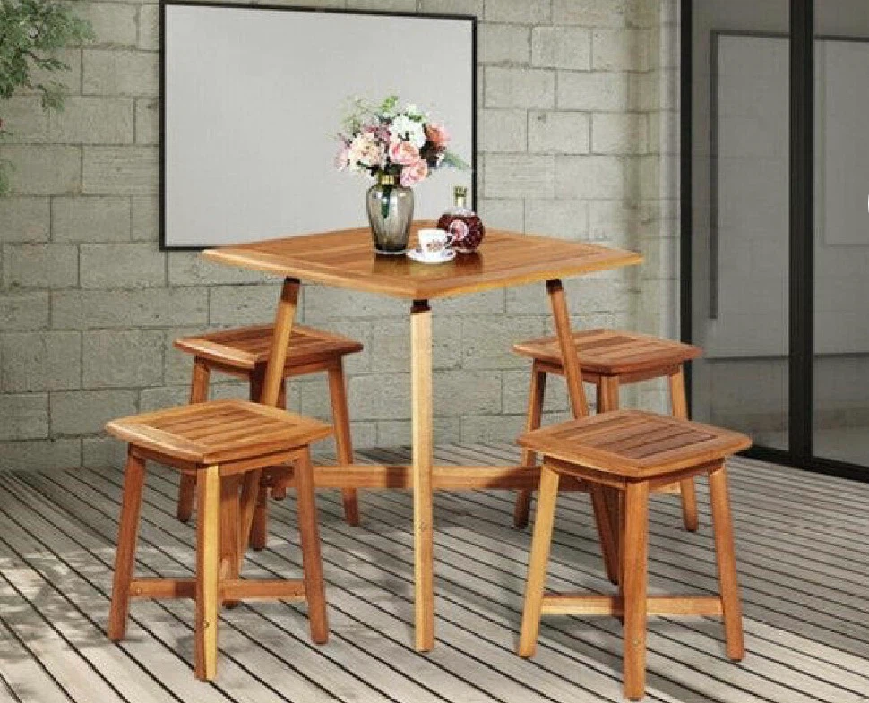 Wooden Patio Table and Stool Set