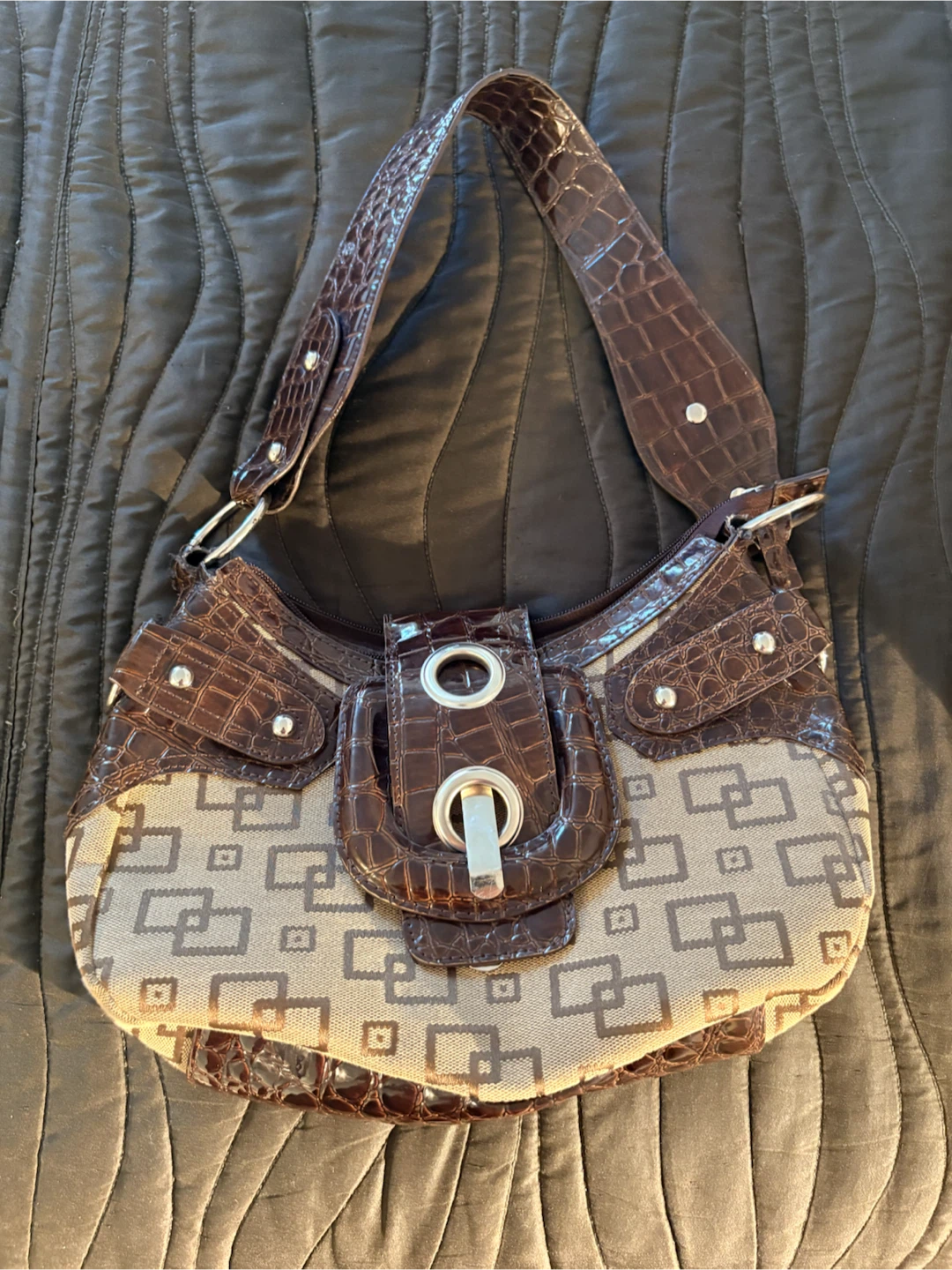 Hobo Bag with Croc-Embossed Details
