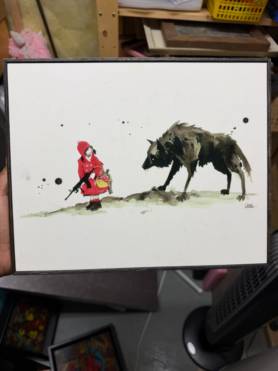 Framed Watercolor Print - Little Red Riding Hood and Wolf