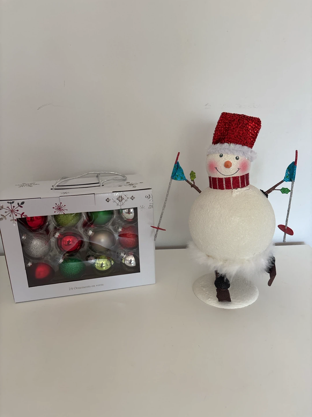 Decorative Snowman with Ski Poles and 24 Christmas Ornaments