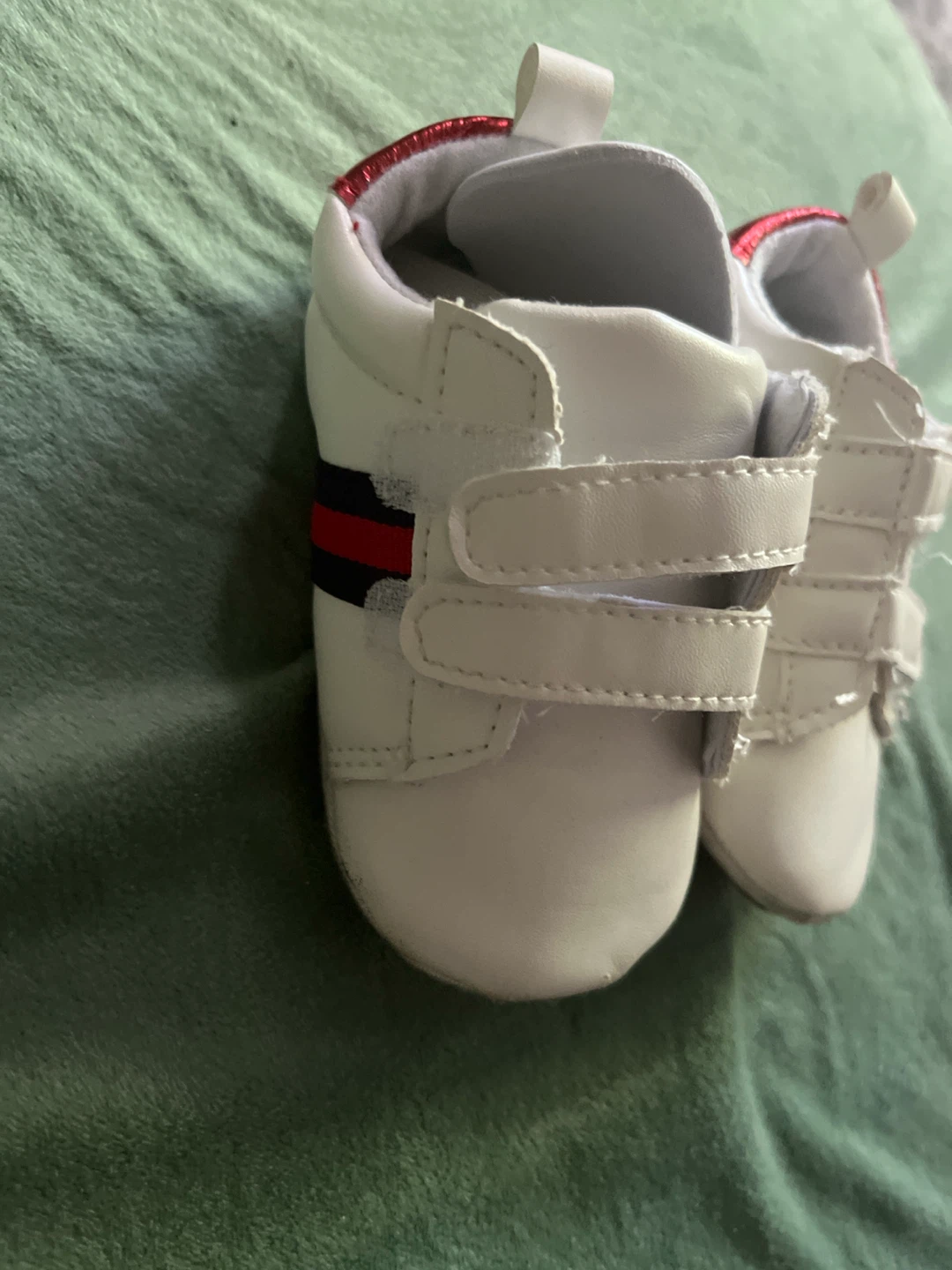 White Baby Shoes with Red and Blue Stripe Accent