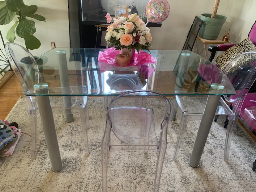Glass Dining Table with 4 Clear Chairs