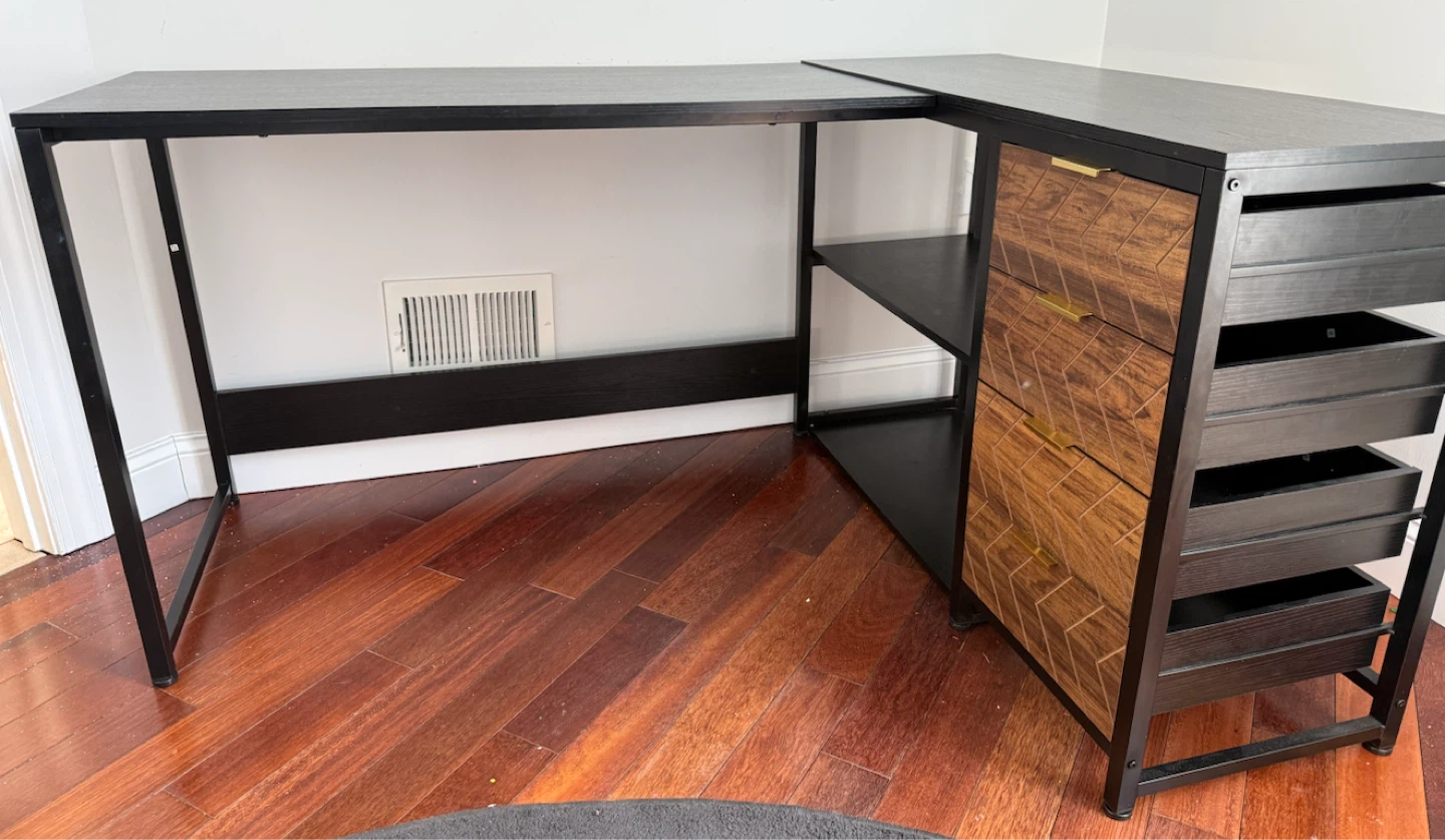 L-Shaped Desk with Drawers and Shelves
