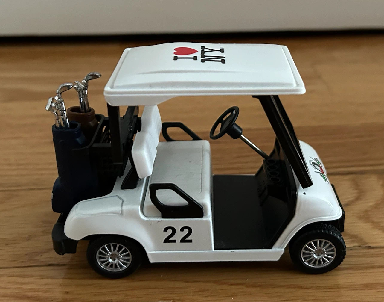 White I Love NY Golf Cart Toy with Golf Clubs