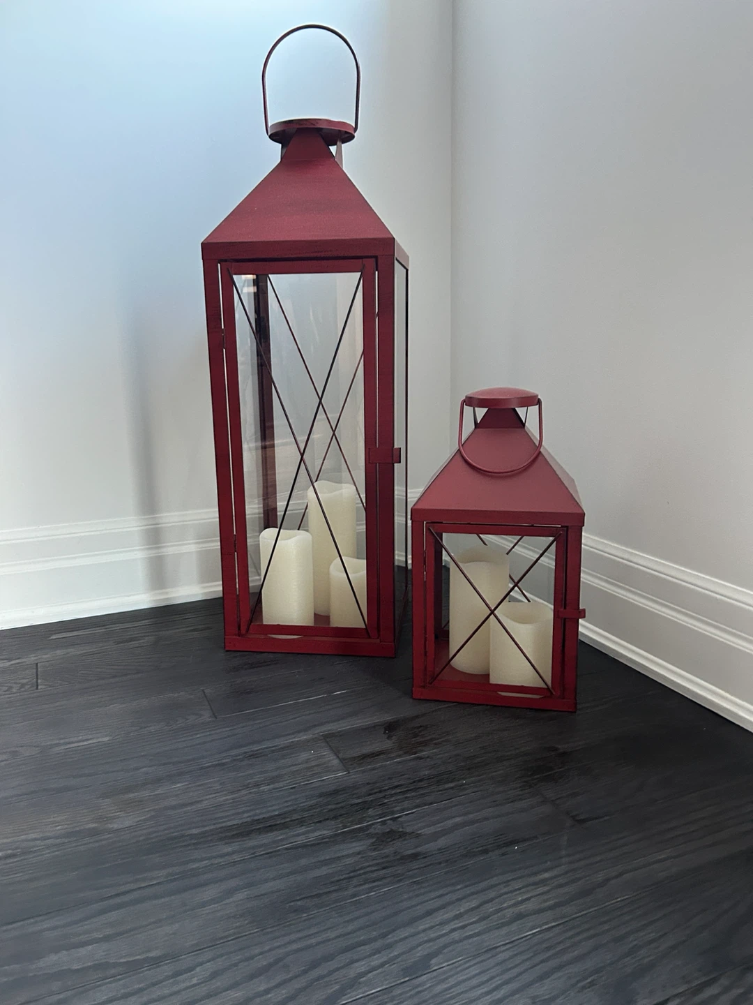 Set of 2 Red Metal Lanterns with Candles