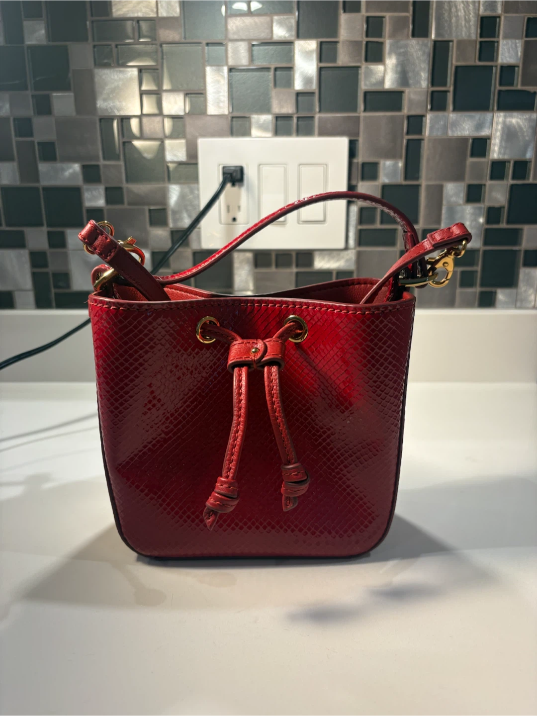 Fossil Red Snake-Embossed Bucket Bag