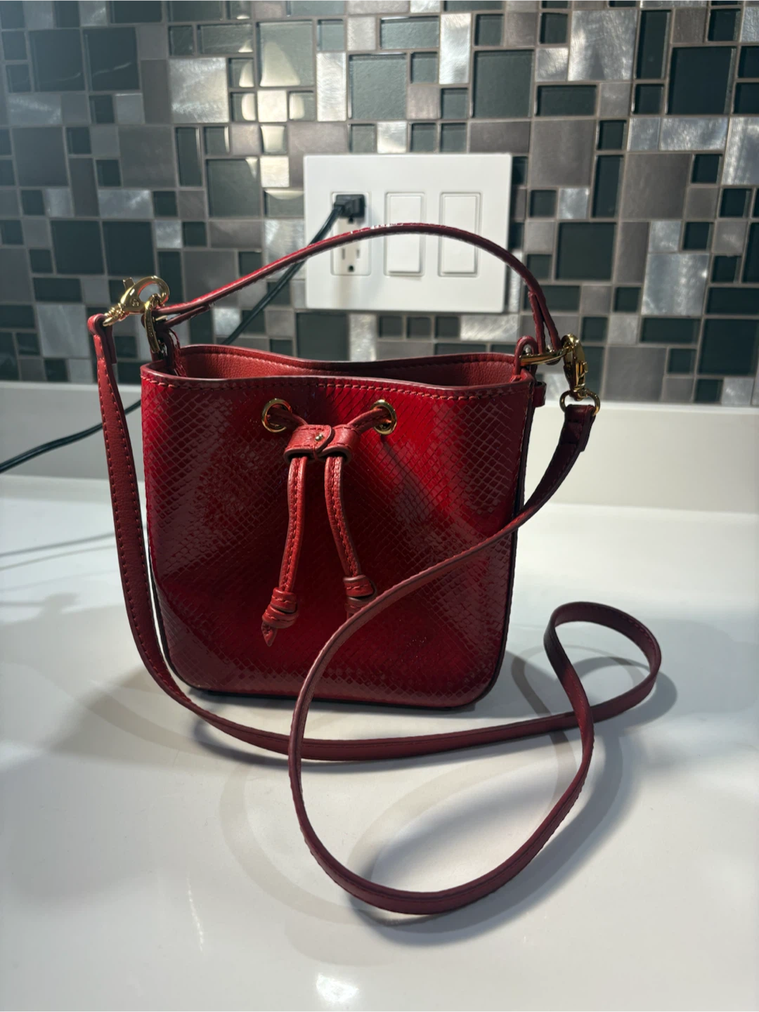 Fossil Red Snake-Embossed Bucket Bag - photo 2