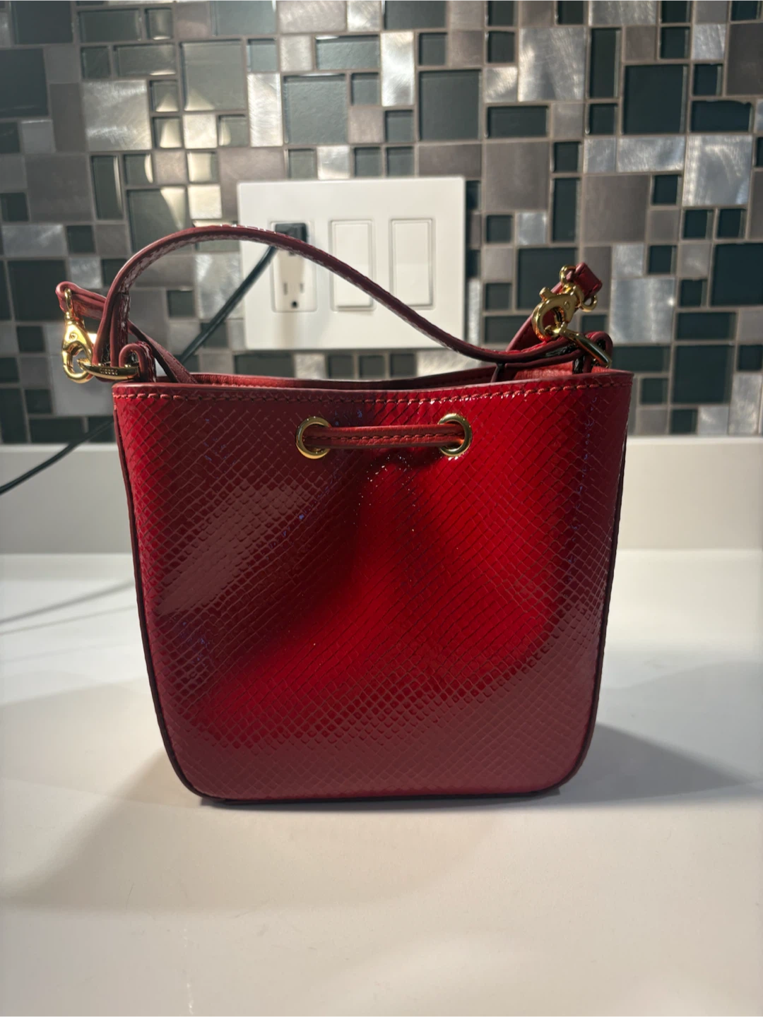 Fossil Red Snake-Embossed Bucket Bag - photo 4