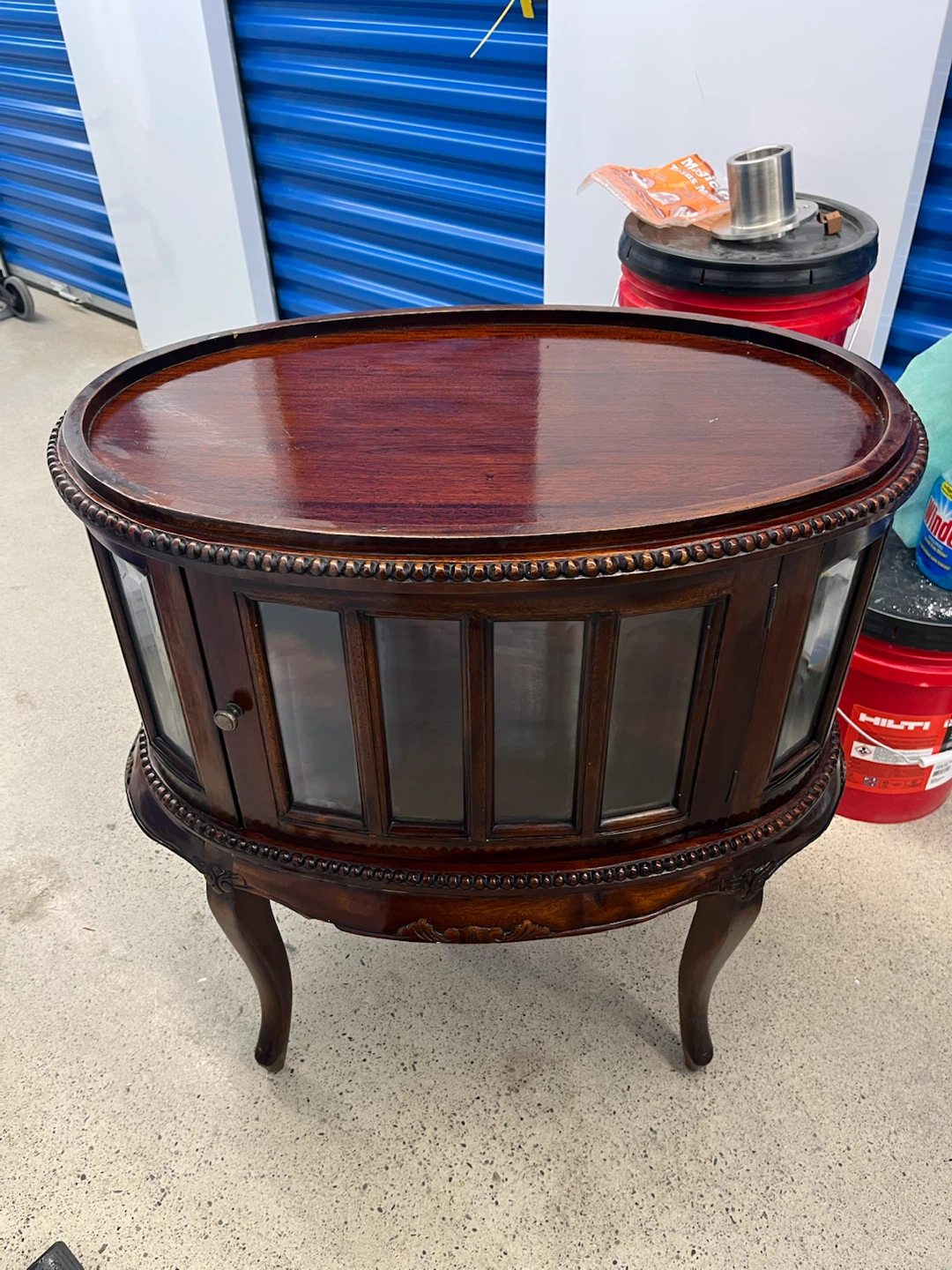 Vintage oval vitrine display cabinet / end table double door