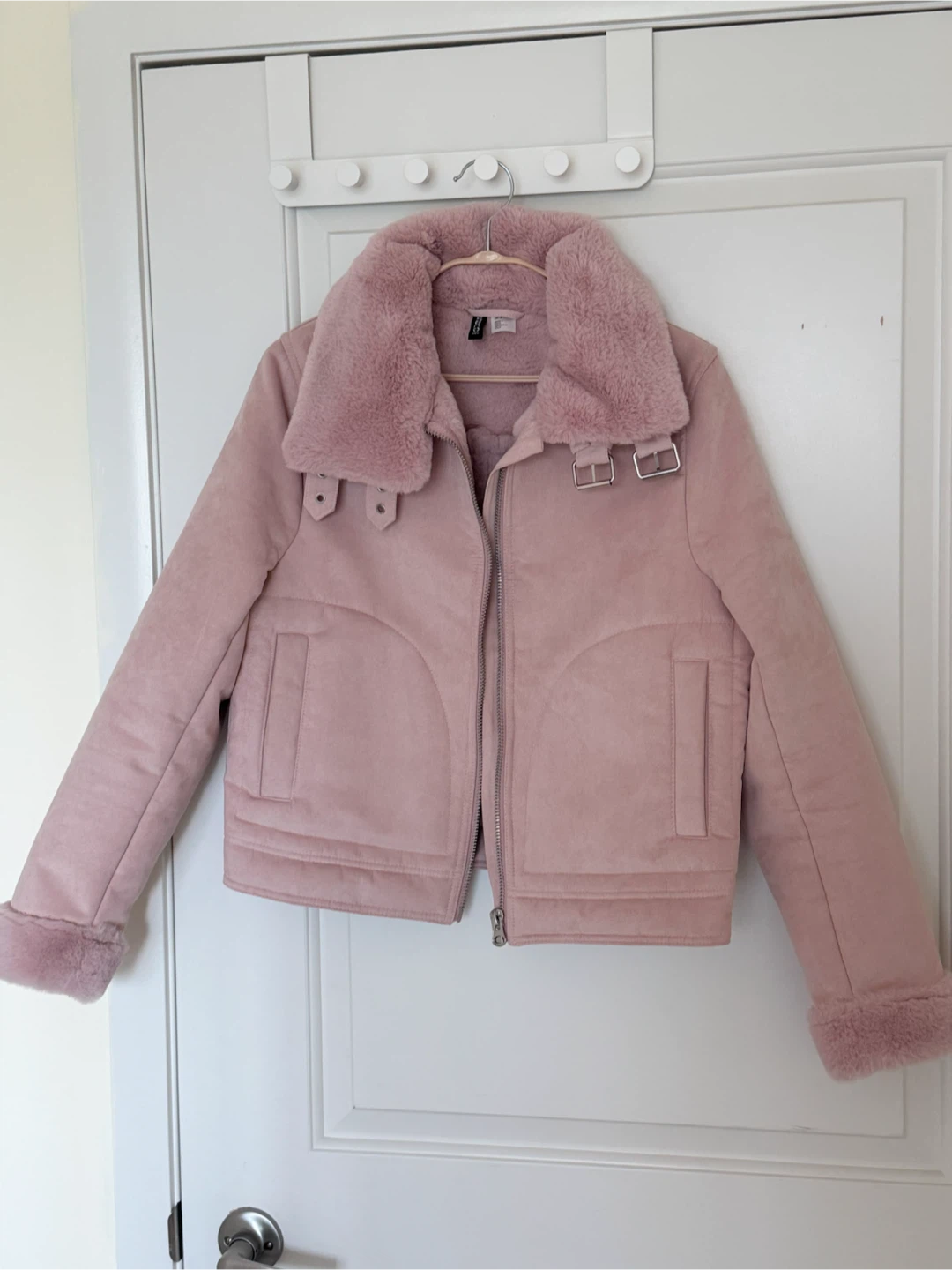 Pink Faux Suede Aviator Jacket with Faux Fur Collar