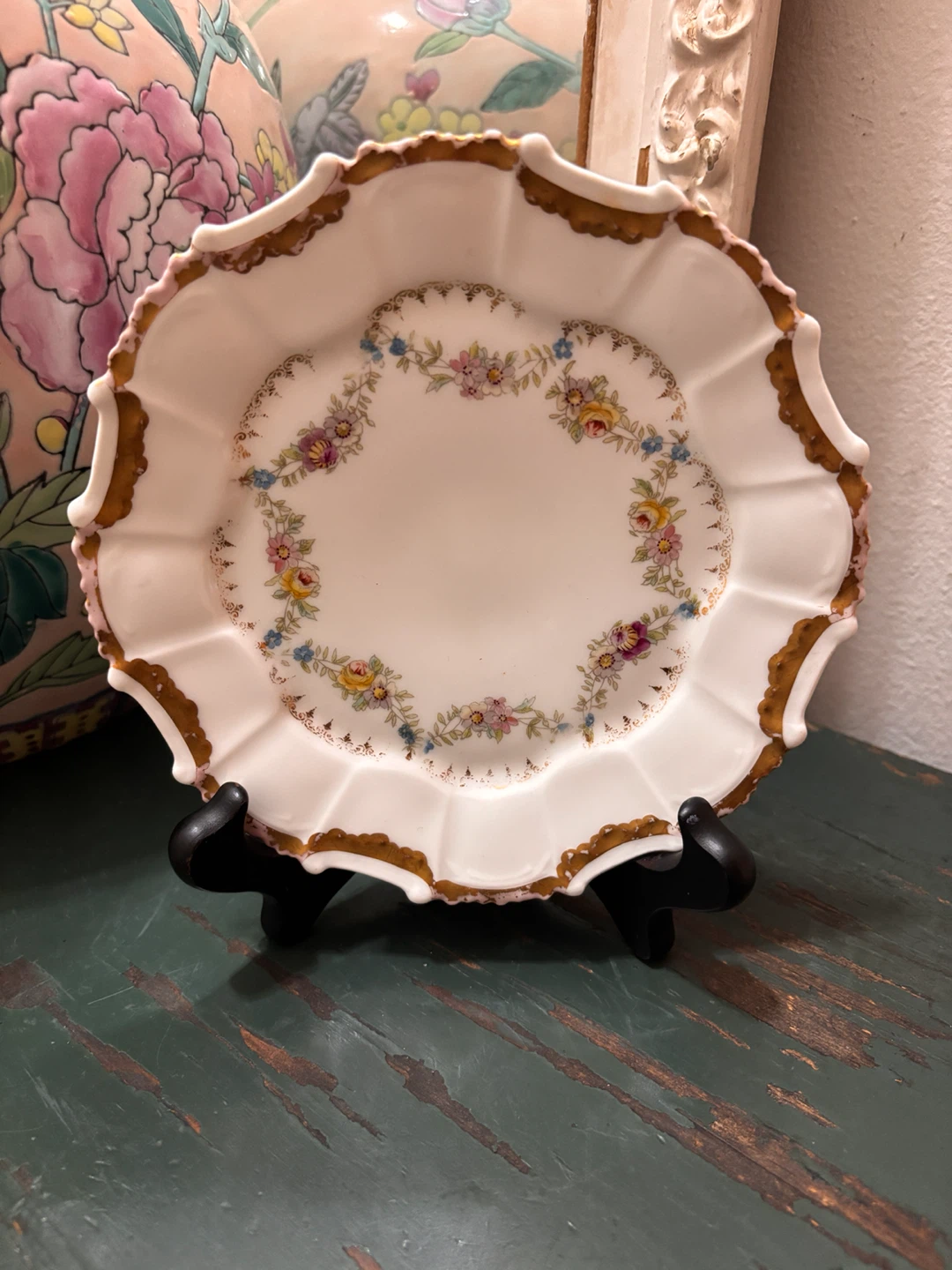 T&V LIMOGES Hand-Painted Floral & Gold Trim Dessert Plates
