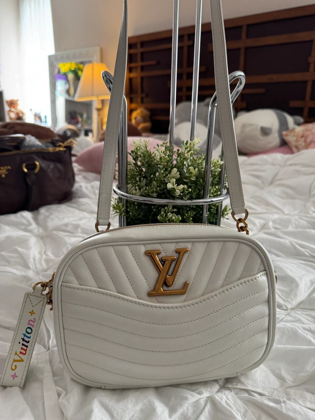 Louis Vuitton White Leather Chevron Camera Bag