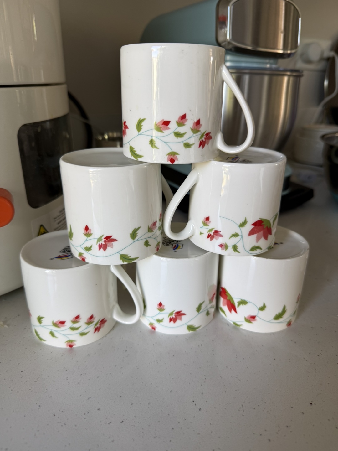 Set of 6 White Ceramic Mugs with Floral Design