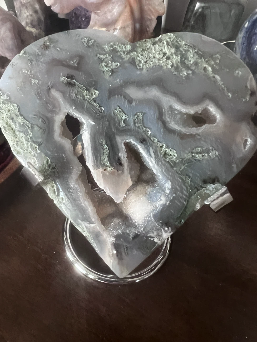 MOSS AGATE HEART WITH STAND