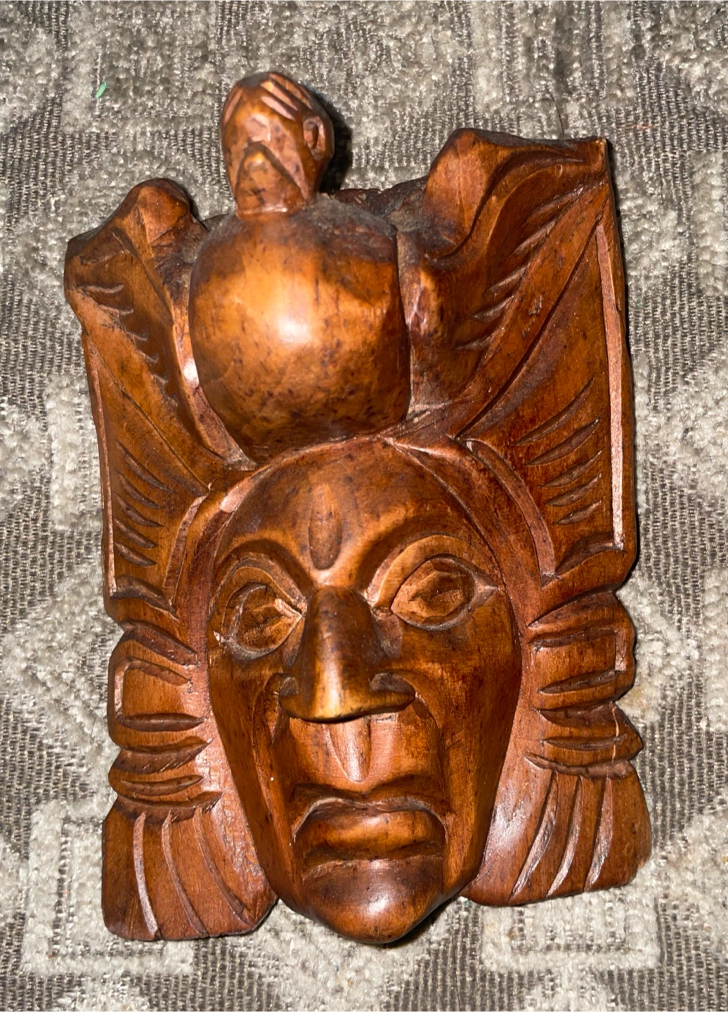 Mayan Carved Wood Mask Eagle Headdress Guatemalan Folk Art 5.5"